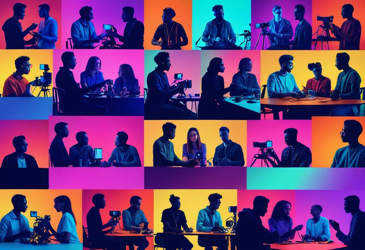 A vibrant and dynamic collage showcasing diverse creators collaborating on a video project. Include elements like cameras, editing tools, and colorful visual effects that represent interaction. Incorporate silhouettes of people engaged in discussion and brainstorming. The background should be a bright gradient symbolizing creativity and connection. modern digital art. vibrant colors. 3D elements.