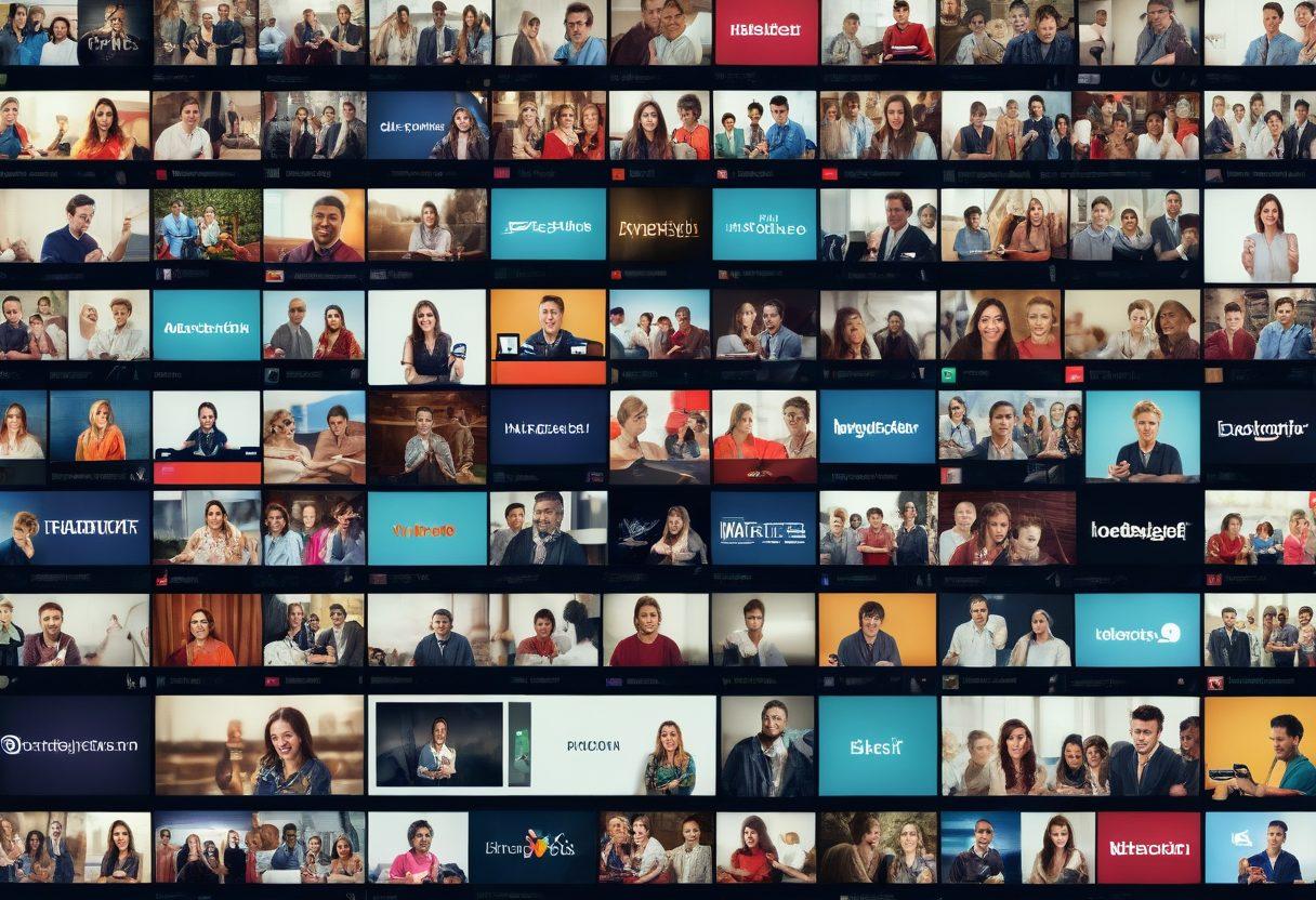 A dynamic collage showcasing the evolution of online video sharing: the left side displays early video clips on vintage-style screens, transitioning to modern, vibrant social media interfaces on the right. In the foreground, diverse groups of people passionately engaging with videos on their devices, smiling and sharing. The background features a subtle timeline illustrating the growth of video platforms over the years, filled with bright colors and modern design elements. super-realistic. vibrant colors. 3D.