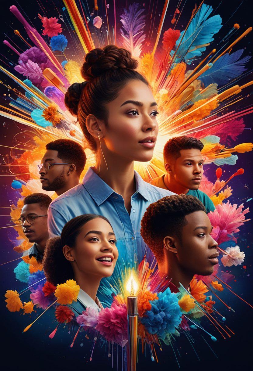 A vibrant digital collage depicting a diverse group of people engaging enthusiastically in a video sharing platform, with colorful video thumbnails floating around them. Include elements of creativity like paintbrushes, light bulbs, and interconnected nodes symbolizing a thriving community. The background should suggest a dynamic online environment, full of energy and collaboration. A mix of warm and cool tones to emphasize creativity and connection. super-realistic. vibrant colors. 3D.